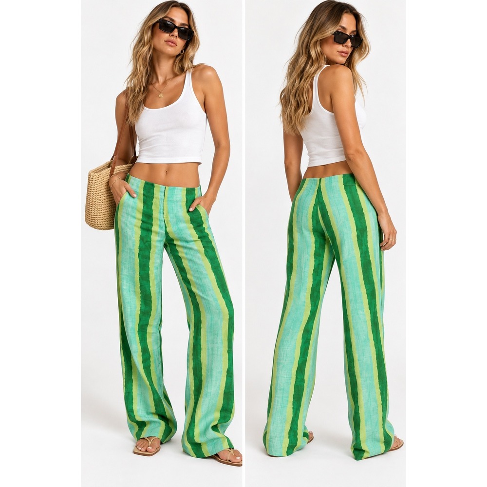 Zara Women Green Striped Linen Blend Wide Leg Pants High Rise Size M